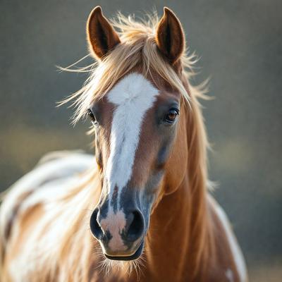 The primary subject of the image is a brown and white horse with a flowing mane. The horse is standing in a field, and its eyes are focused on the camera. The setting appears to be a natural environment, with the horse being the main focus of the scene. The visual style of the image is a close-up of the horse, capturing its features and expression. The colors in the image are predominantly earthy tones, such as brown and white, which create a calm and natural atmosphere.